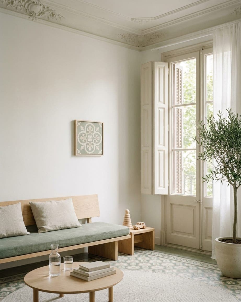 La sala de espera, con un banco de roble junto a un ventanal